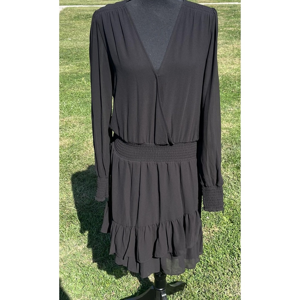 Michael Michael Kors Dress Womens Medium Black Surplice Long Sleeve Ruffle Hem